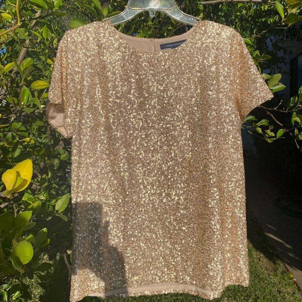 FRENCH CONNECTION GOLD SEQUIN TOP Women’s US Size 10 Champagne Party Blouse